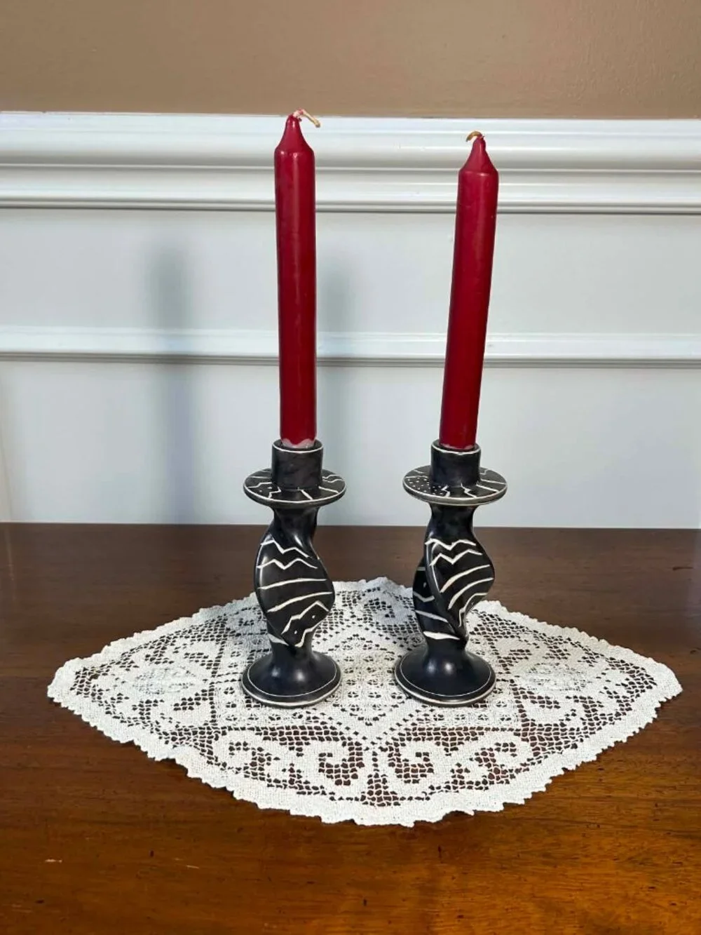 Pair of Vintage Kenyan Carved Soapstone Twisted Candlestick Holders 6.25”